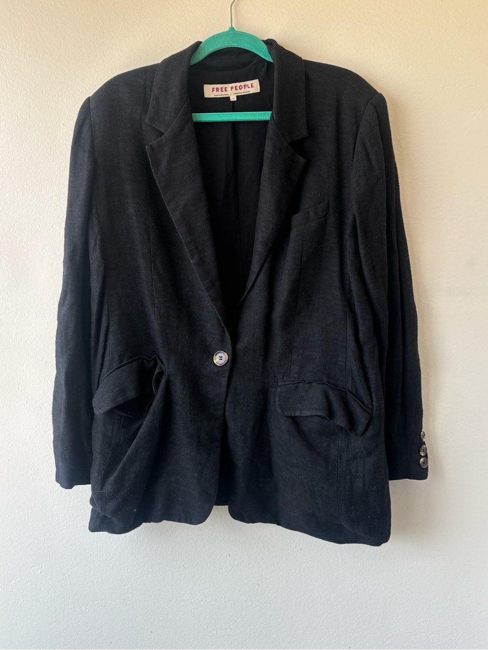 Free People Black Relaxed Linen-Blend Blazer